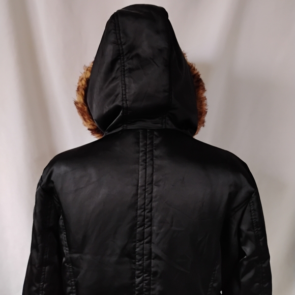 Women's Guess Black & Gold Winter Puffer Coat Hooded Jacket with Faux Fur Trim - Picture 7 of 16